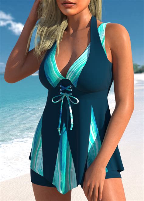 Lace Up Marble Print Peacock Blue Tankini Set Modlily Usd