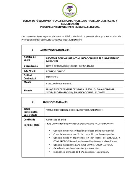 Bases Para Concurso De Prof C Lectora Concurso P Blico Para Proveer