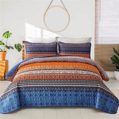 Amazon WONGS BEDDING Boho Fall Quilt King Size Blue And Orange