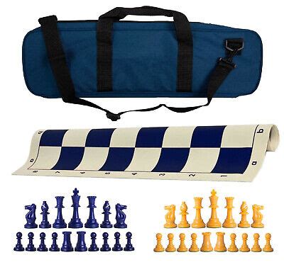 Deluxe Single Weight Chess Set Vinyl Board Pieces Bag Navy Yellow