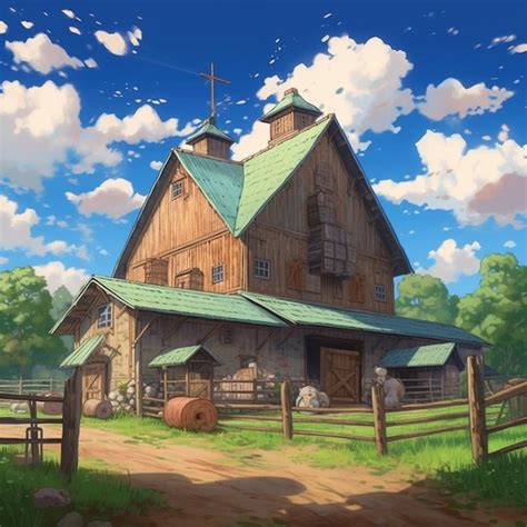 Premium Photo Anime Barn With A Green Roof And A Fence And A Dirt