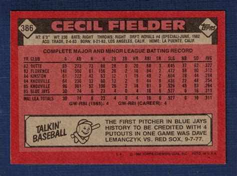 1986 Topps Cecil Fielder RC 386 Toronto Blue Jays NM MT EBay