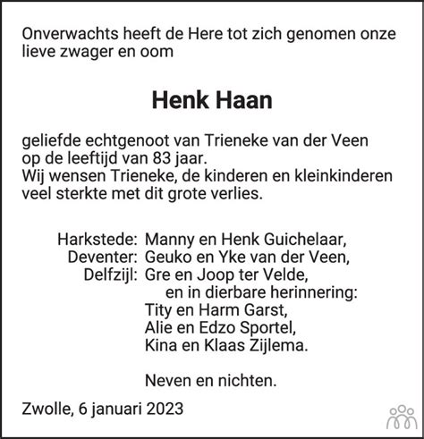 Hendrikus Henk Haan 06 01 2023 Overlijdensbericht En Condoleances