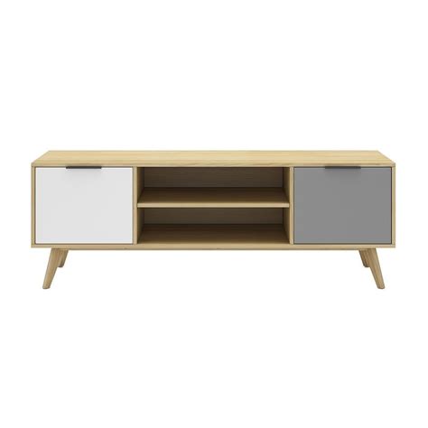 Altobuy Borgh Meuble Tv 140cm 2 Portes Scandinave Pin Massif Gris Blanc Et Effet Chêne