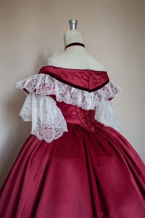 Victorian Prom Dress Victorian Ball Gown Burgundy Satin White Lace