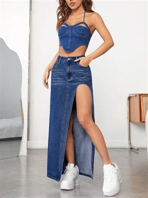 Shein Icon High Waist Split Thigh Denim Skirt Shein Uk