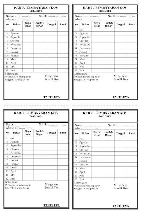 Doc Kartu Pembayaran Kos Tante Eva Dokumentips