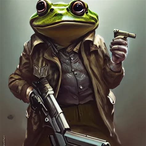 Badass Gangsta Frog A Frog Mafia Boss Holding Gun Stable Diffusion