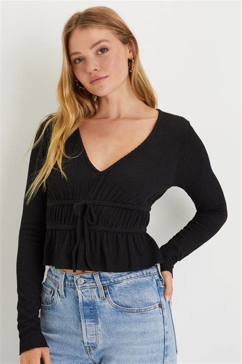 Black Ribbed Top Long Sleeve Crop Top Cute Tie Front Top Lulus