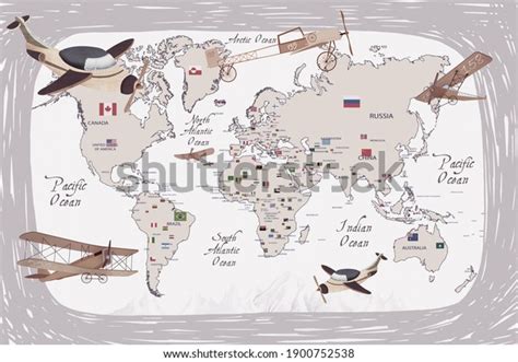 Animals World Map Kids Wallpaper Design Stock Illustration 1900752538 ...