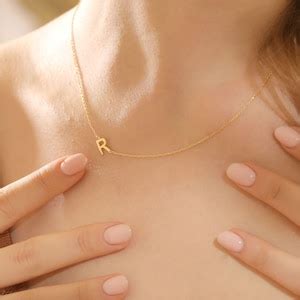 14K Solid Gold Sideways Initial Necklace Minimalist Letter Necklace