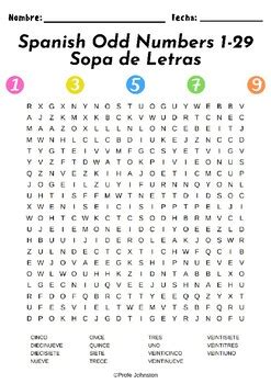 FREE Spanish Odd Numbers 1 29 Word Search Sopa De Letras By Profe