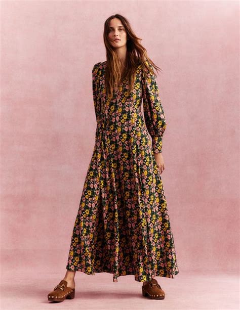 Blouson Sleeve Maxi Tea Dress Emerald Night Abstract Poppy Boden UK