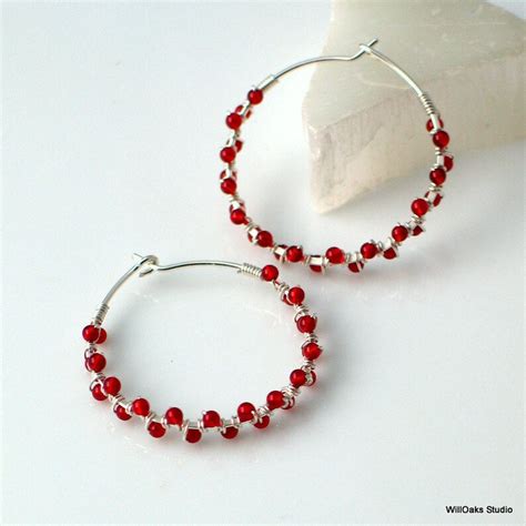 Garnet Or Carnelian Hoop Earrings Red Stone Beaded Jewelry Dark Red