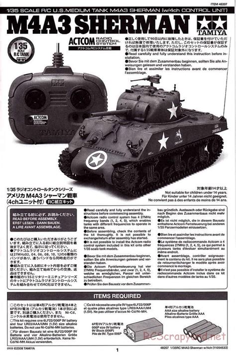 Tamiya 48207 Manual US Medium Tank M4A3 Sherman 1 35 Scale