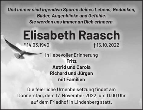 Traueranzeigen von Elisabeth Raasch Märkische Onlinezeitung Trauerportal