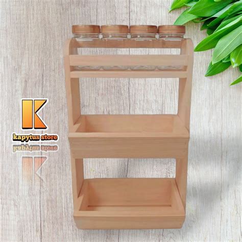 Jual Rak Bumbu Kombinasi Rak Bawang 3 Susun Kayu Mahoni Bonus Toples