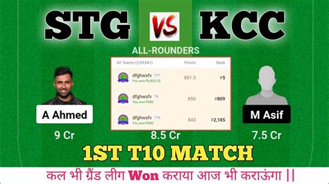 STG KCC DREAM11 TEAM STG Vs KCC T10 STATS GL PREDICTION