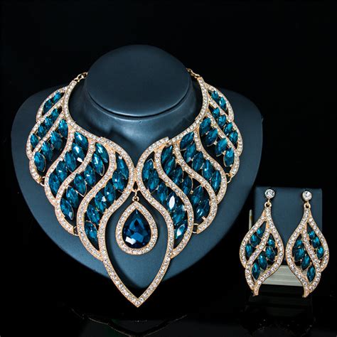 Luxury Fashion Waterdrop Crystal Necklace Earrings Jewelry Set Gofaer