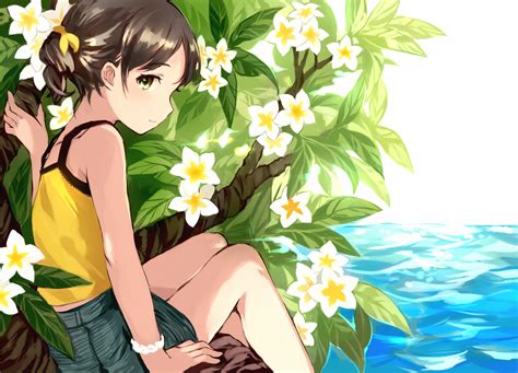 Safebooru 1girl Bare Shoulders Brown Hair Flower Green Eyes Original