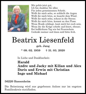 Traueranzeigen Von Beatrix Liesenfeld Rz Trauer De