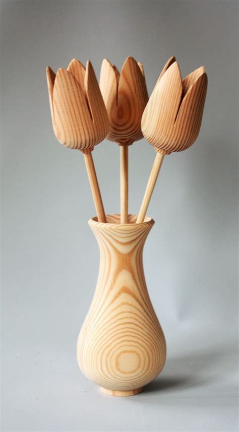 Tulips And A Bud Vase Made From Redwood Wood Turning Wood Turning