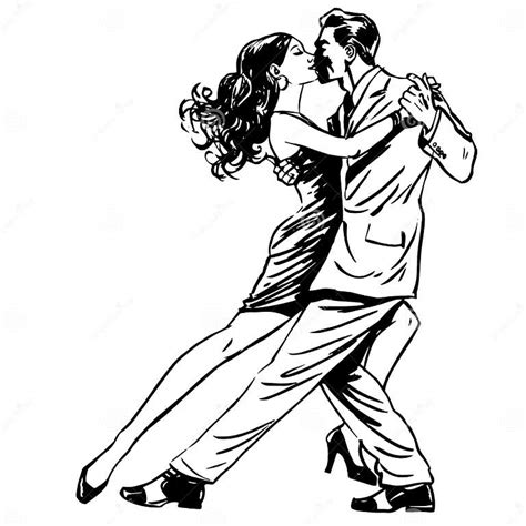 Kiss Man And Woman Dancing Couple Tango Retro Line Art Stock