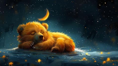 Premium Photo | Baby bear sleeping on the moon among stars Illustration featuring a baby bear ...