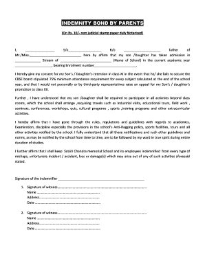 Fillable Online INDEMNITY BOND BY PARENTS Scmemorial Org Fax Email