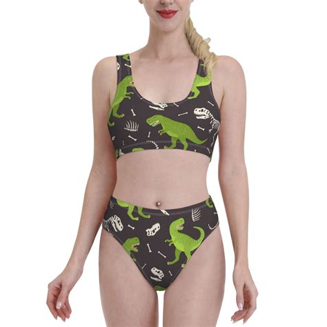 Adobk Dinosaur Skeleton Print Women High Waisted Bikini Set Sports