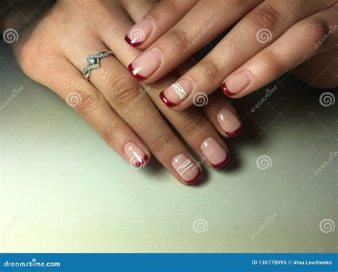 Fancy Red French Manicure Stock Image Image Of Isolated 135778995