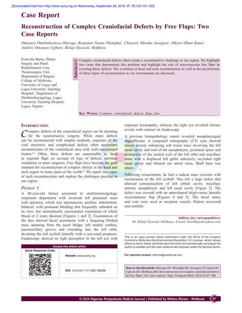 Pdf Reconstruction Of Complex Craniofacial Defects By Free Flaps Two