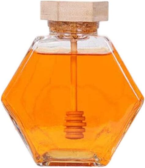 Honey Jar Glass Hexagon Shape Honey Pot Container With Wooden Dipper And Cork Lid Cover Honey