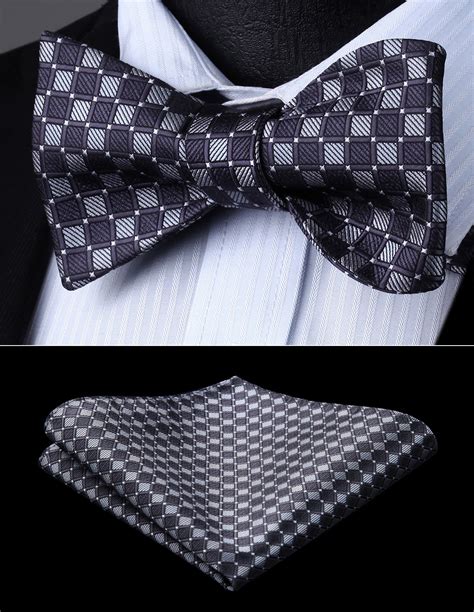 Bow Tie Handkerchief Set Men Woven Party Wedding Gray Plaid And Chcek Self Bow Tie Pocket Square