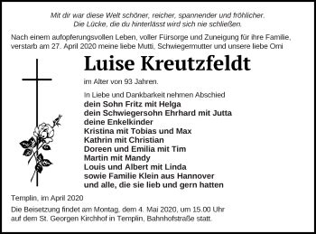 Traueranzeigen Von Luise Kreutzfeldt Trauer Nordkurier