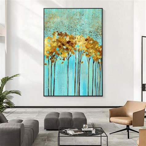 Us Modern Abstract Golden Tree Blue Backgroud Painting Canvas