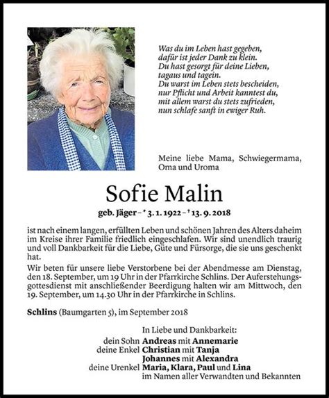 Todesanzeigen Von Sofie Malin Todesanzeigen Vorarlberger Nachrichten