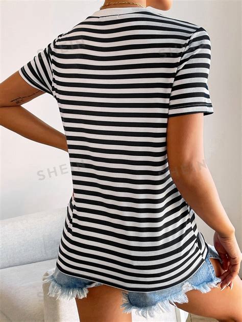 SHEIN Frenchy Striped Print Heart Embroidery Tee SHEIN UK