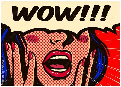 Retro Pop Art Style Surprised And Excited Comics Woman With Open Mouth