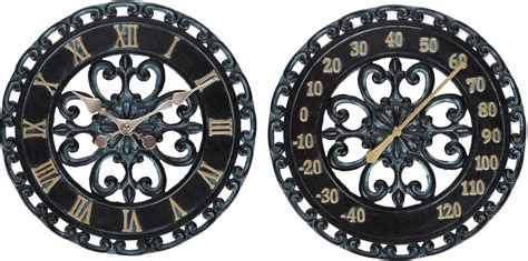 Lilyshome Lily S Home 13 Inch Verdigris Indoor Or Outdoor Wall Clock And Thermometer Hanging