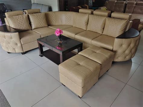 Stainless Steel L Shape 7 Seater Brown Leather Sofa Set At Rs 59000 Set