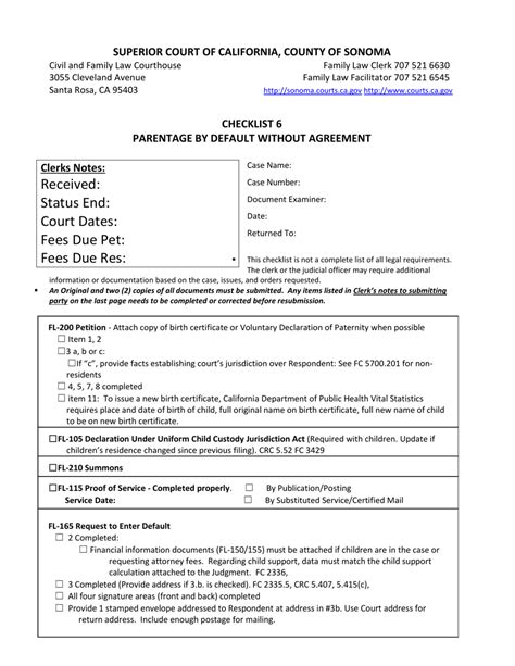 County Of Sonoma California Checklist Parentage By Default Without