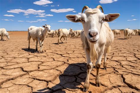 Rebaño de cabras bajo el sol abrasador pastando en suelo seco y