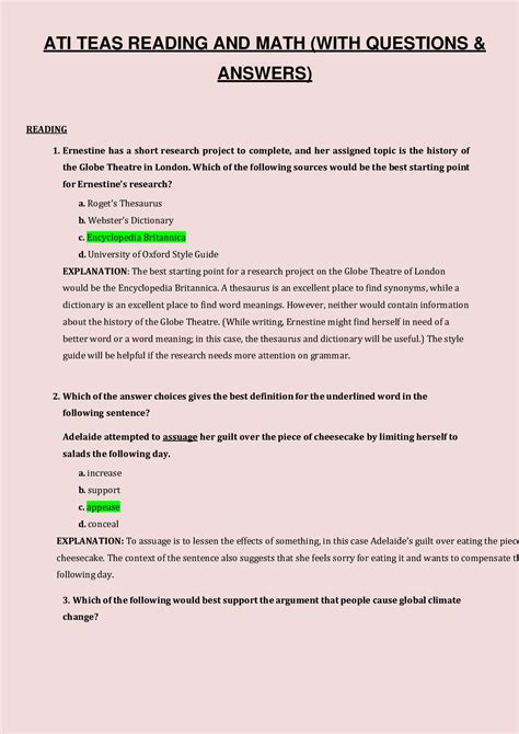 Ati Teas Reading And Math With Questions Answers Browsegrades