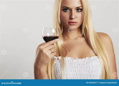 Beautiful Blond Girl With Wineglassdry Red Xy Young Woman With Alcohol Stock Image