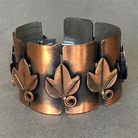 Vintage Copper Cuff Bracelet Rebajes Copper Leaf Bracelet Earrings Boho