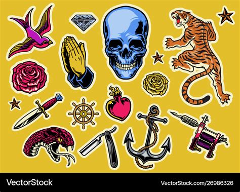 Set Colorful Tattoo Flash Royalty Free Vector Image