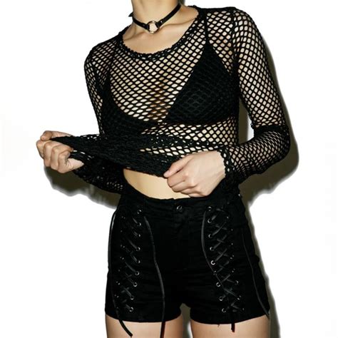 Rosetic Sexy Fishnet Tops Women Black Sexy Gothic Mesh Hollow Out Long