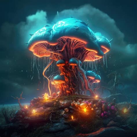 Premium AI Image Mushroom Epic Forest Surrealistic Storm Illustration