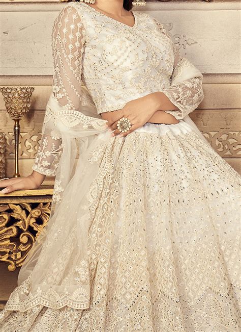 Shop Off White Net Embroidery Stone Work Umbrella Lehenga Party Wear